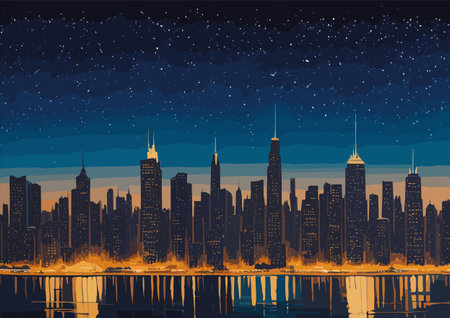 big city night lights skyline. vector cityscapeのイラスト素材