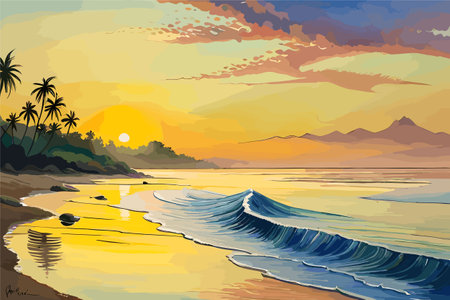 Sea landscape with seagull, morning on sea, wave, illustration, Oil painting paints on a canvas.のイラスト素材