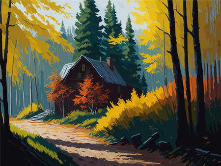 oil paint style vector art of vintage house in forest with road. nature landscapeのイラスト素材