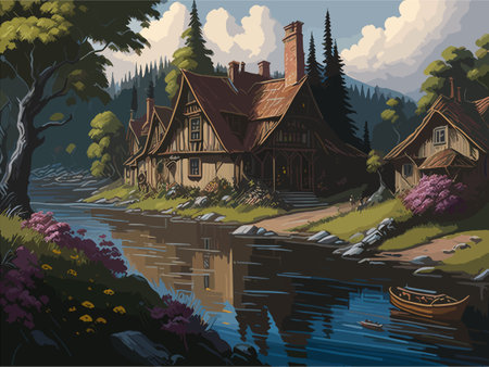 beautiful scenery of a landscape village with flowers paddy fields housessのイラスト素材