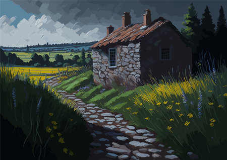 oil paint style vector art of vintage house in forest with road. nature landscapeのイラスト素材