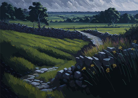 oil paint style vector art of vintage house in forest with road. nature landscapeのイラスト素材