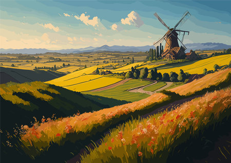 beautiful scenery of a landscape village with flowers paddy fields housessのイラスト素材