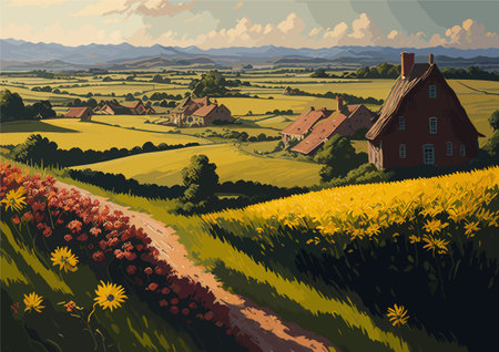 beautiful scenery of a landscape village with flowers paddy fields housessのイラスト素材