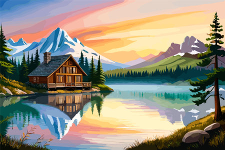 landscape of mountain lake cabin amidst lush forest and majestic peaks. Nature sceneのイラスト素材