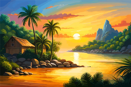 landscape of mountain lake cabin amidst lush forest and majestic peaks. Nature sceneのイラスト素材