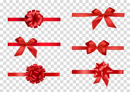 collection of red bows with strait ribbons. transparent backgroundの写真素材