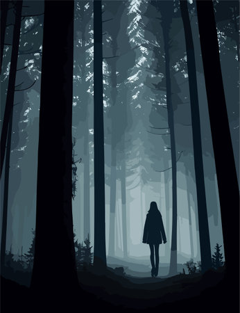 man in dark forest, tall trees, leanly man,のイラスト素材