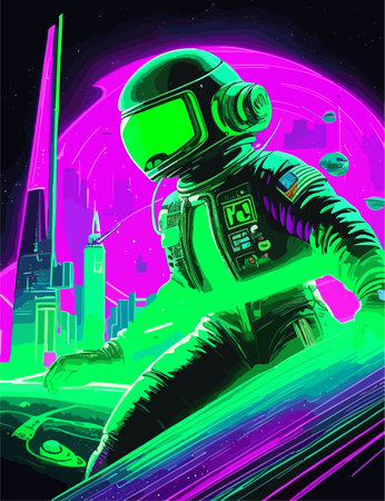 futuristic art of city with astronomy mans in bright colorsのイラスト素材