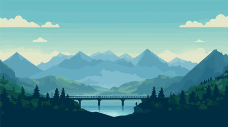 landscape with mountain bridge lake tree sunsetのイラスト素材