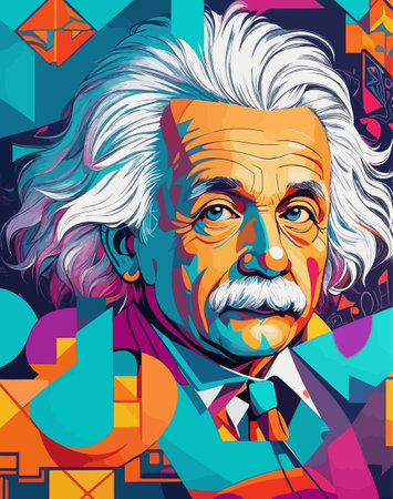 Famous scientist Albert Einstein popart vector art style. In a colorful illustration design with an abstract backgroundのeditorial素材
