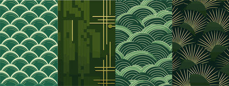 set of green and white abstract patternsのイラスト素材
