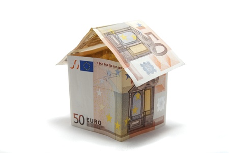 50 euros banknote house on white backgroundの写真素材