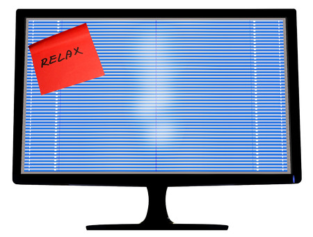 Monitor with venetain blind as a screen saver and glued messageの写真素材