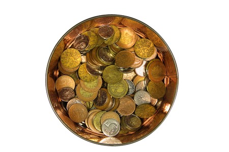 Metal pot with money on the white backgroundの写真素材