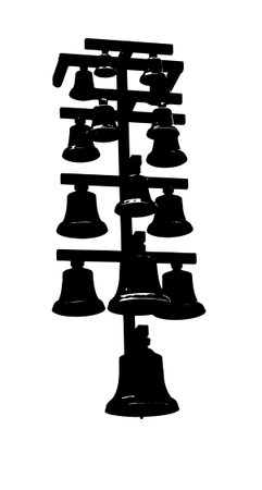 Group bells of various sizes on a single rack isolated on whiteの写真素材