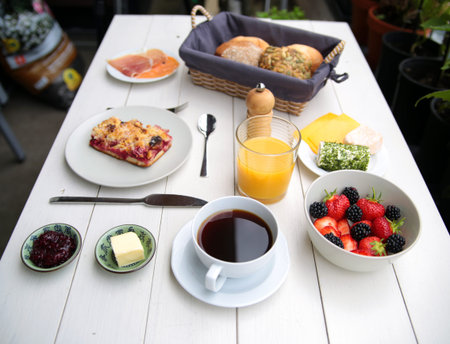 delicate breakfast at a white table with different ingredients