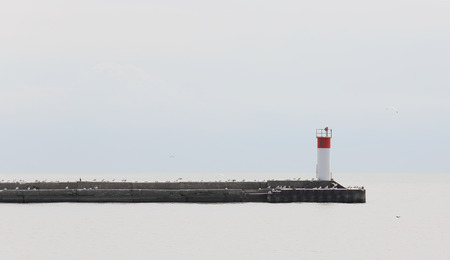 Pier with gulls jutting into a quiet Lake Erie on a grey dayの写真素材