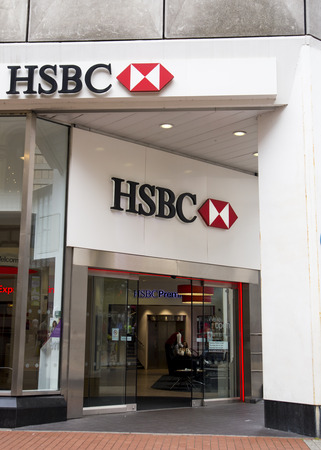 New style modern HSBC branch in Leeds, which features a range of self-service banking machines.のeditorial素材