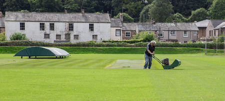Man using petrol lawnmower to finely cut the grass on the strip at an English cricket groundのeditorial素材