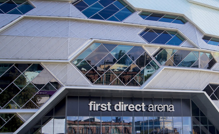 Leeds Arena.  Signs outside the main entrance to the First Direct Leeds Arenaのeditorial素材
