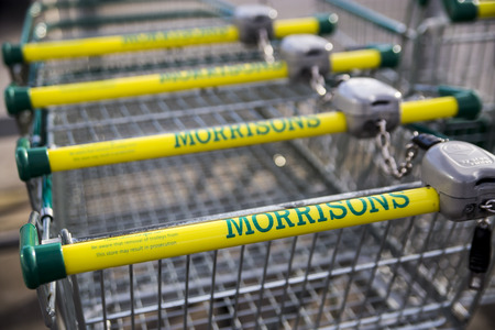 LEEDS, UK 9 FEBRUARY 2016.  Morrisons supermarket trolley showing logo outside supermarket in Leeds, UK.のeditorial素材