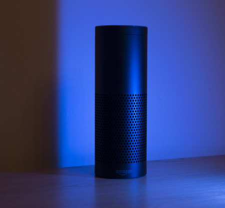 LEEDS, UK - 17 MARCH 2017.  The Amazon Alexa AI Echo Smart Home device.のeditorial素材