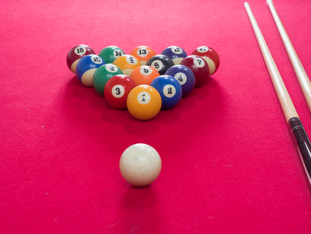 Game of American billiards played on a billiard table for two personsの写真素材
