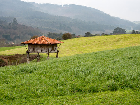 Typical construction ural granaries to store grain and food in north of Spainの写真素材