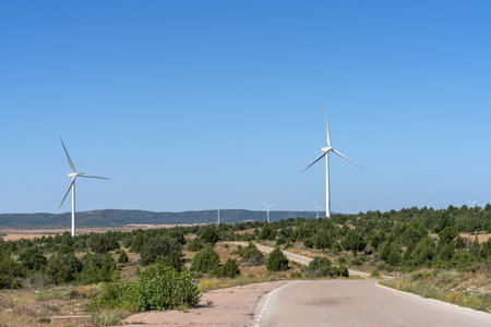 renewable energy wind turbines electricity production in Maranchon, Guadalajaraの写真素材