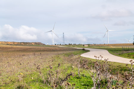 Windmills for electric power production in the countryside of Portugal.の写真素材