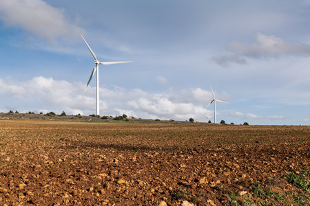 Wind turbines in a field in the province of Zamora, Spainの写真素材