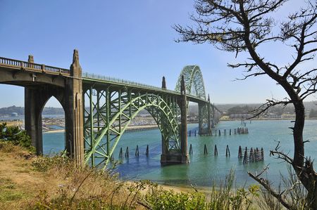 Bridge in Newport with a long pier side by sideの写真素材