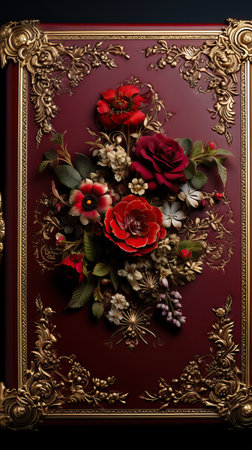 Ornate Gold Frame with Red Roses on a Luxurious Red Backgroundの素材