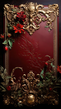 Ornate Gold Frame with Red Roses on a Luxurious Red Backgroundの素材