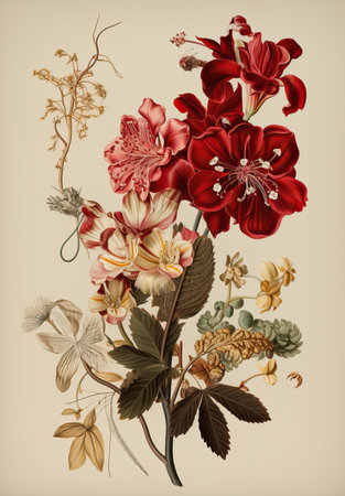 Vintage Illustration of a Vibrant Floral Bouquet,floral background with flowers,Vintage Illustration of Flowers and Plantsの素材