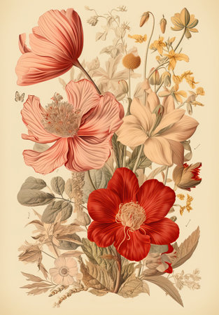 Vintage Illustration of a Vibrant Floral Bouquet,floral background with flowers,Vintage Illustration of Flowers and Plantsの素材