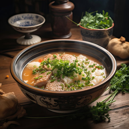 A Taste of Tradition: Vietnamese Pho Soup in a Floral Bowl, chicken and soupの素材