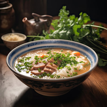 A Taste of Tradition: Vietnamese Pho Soup in a Floral Bowl, chicken and soupの素材