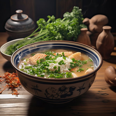 A Taste of Tradition: Vietnamese Pho Soup in a Floral Bowl, chicken and soupの素材