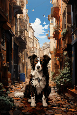 Black and White Border Collie on a Cobblestone Street: A Digital Art Depiction,black and white dog on street,portrait of a dogの素材