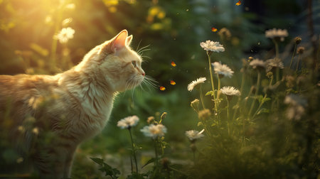 Whimsical Encounter: Cat and Butterfly in a Garden,cat in the grass,cat in the gardenの素材