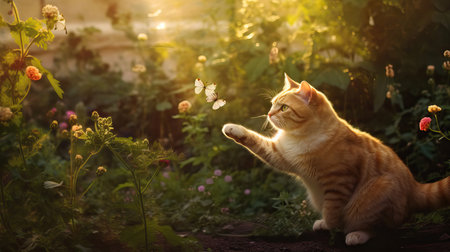 Whimsical Encounter: Cat and Butterfly in a Garden,cat in the grass,cat in the gardenの素材