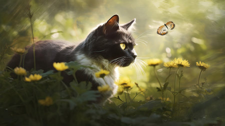 Whimsical Encounter: Cat and Butterfly in a Garden,cat in the grass,cat in the gardenの素材