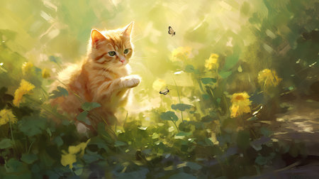 Whimsical Encounter: Cat and Butterfly in a Garden,cat in the grass,cat in the gardenの素材