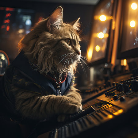 Coding Companion: A Thoughtful Cat in the Glow of a Monitor, cat on the table, portrait of a catの素材