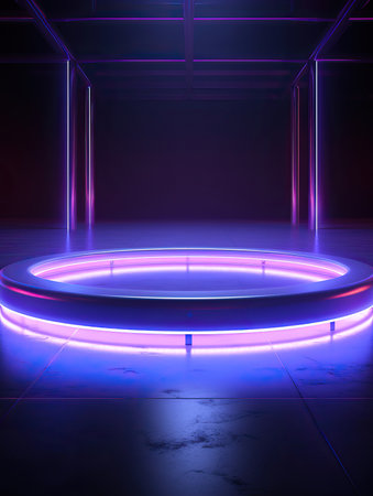 Neon Dreams: A Futuristic Stage in the Digital Realm,stage with spotlight,stage spotlight,abstract backgroundの素材