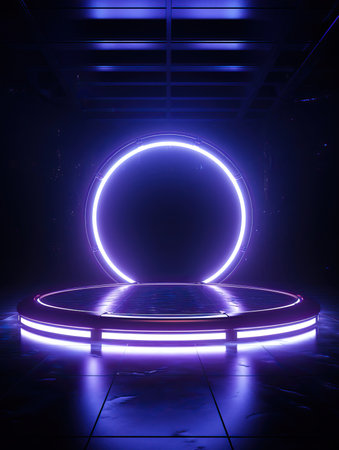 Neon Dreams: A Futuristic Stage in the Digital Realm,stage with spotlight,stage spotlight,abstract backgroundの素材