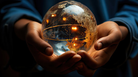 Global Grasp: A Handheld Crystal Globe,hand holding glass sphere,hand holding a ballの素材