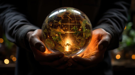 Global Grasp: A Handheld Crystal Globe,hand holding glass sphere,hand holding a ballの素材